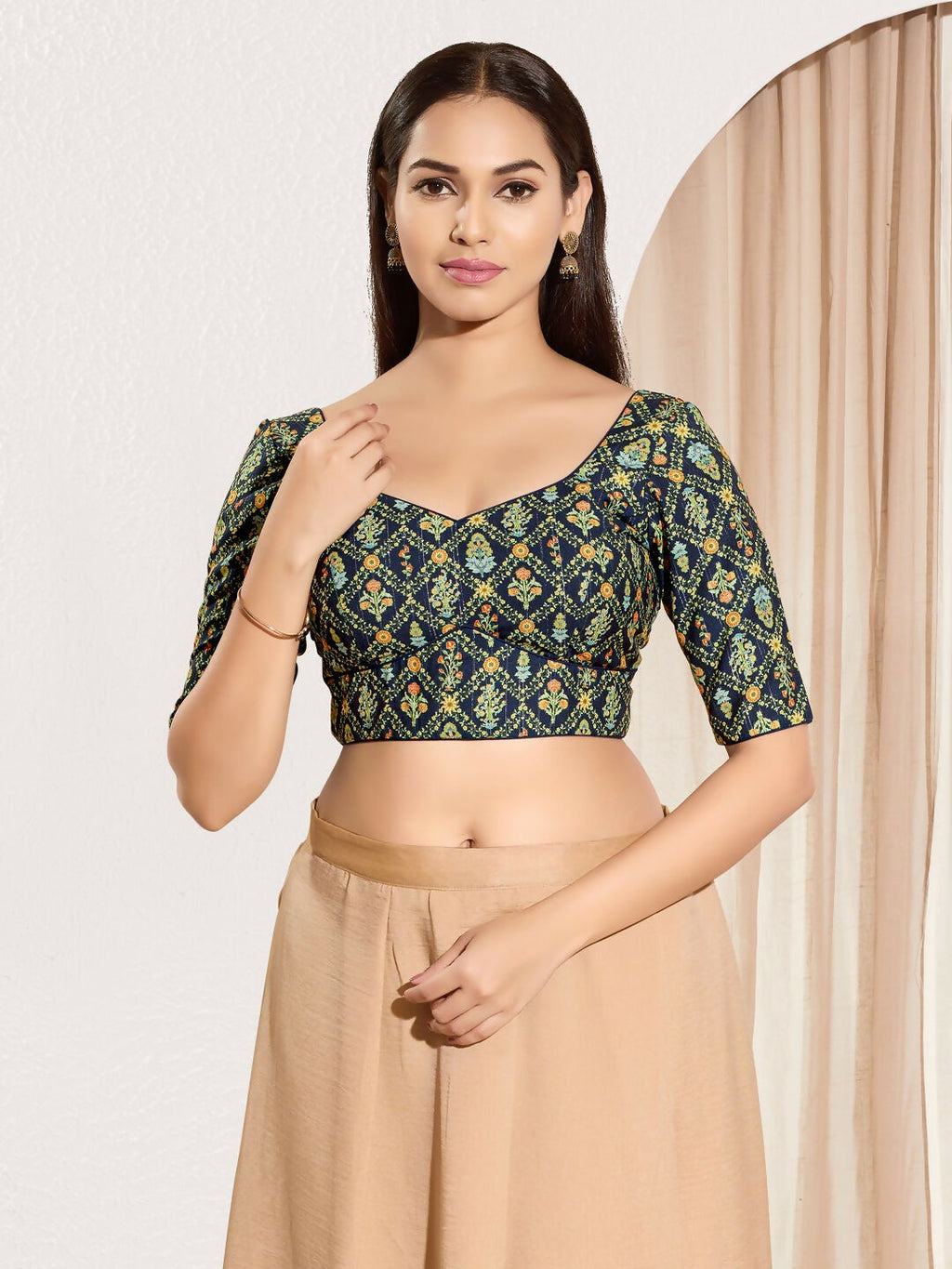 Joban Fashion Navy Blue Viscose Rayon Padded Blouse With Sweetheart Neck Elbow Sleeves | Grocsy
