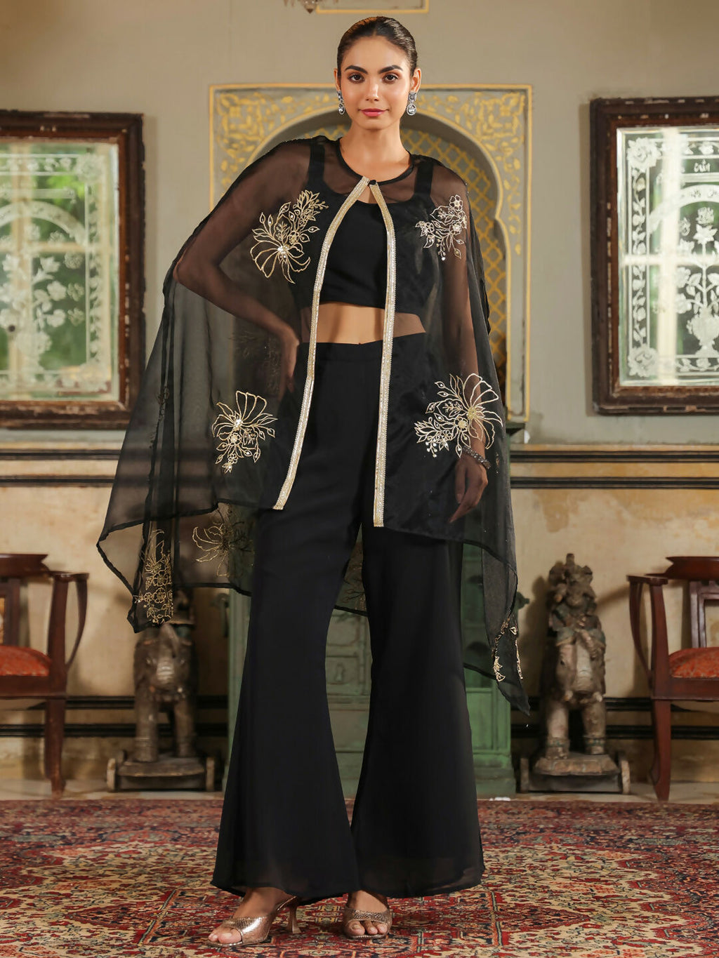 Janasya Black Georgette Solid Top Bottom Cape | Grocsy