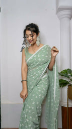Vamsee Patangiyu Pista Green Georgette Saree | Grocsy