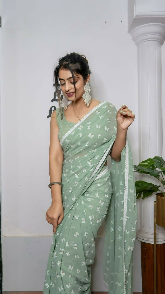 Vamsee Patangiyu Pista Green Georgette Saree | Grocsy