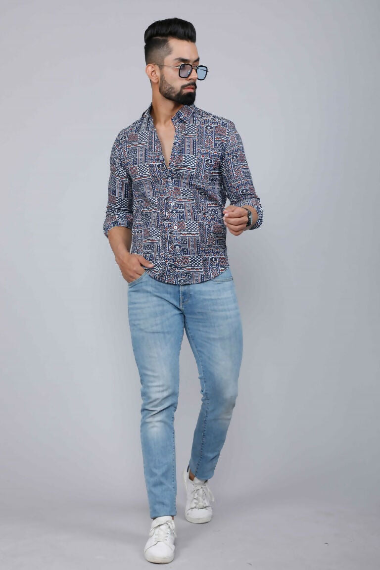 Miravan Men's Blue Floral Print Long Sleeve Casual Shirt | Grocsy