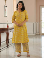 Aramya A-line Soft Cotton Butti Print Women's Kurta Set - Yellow | Grocsy