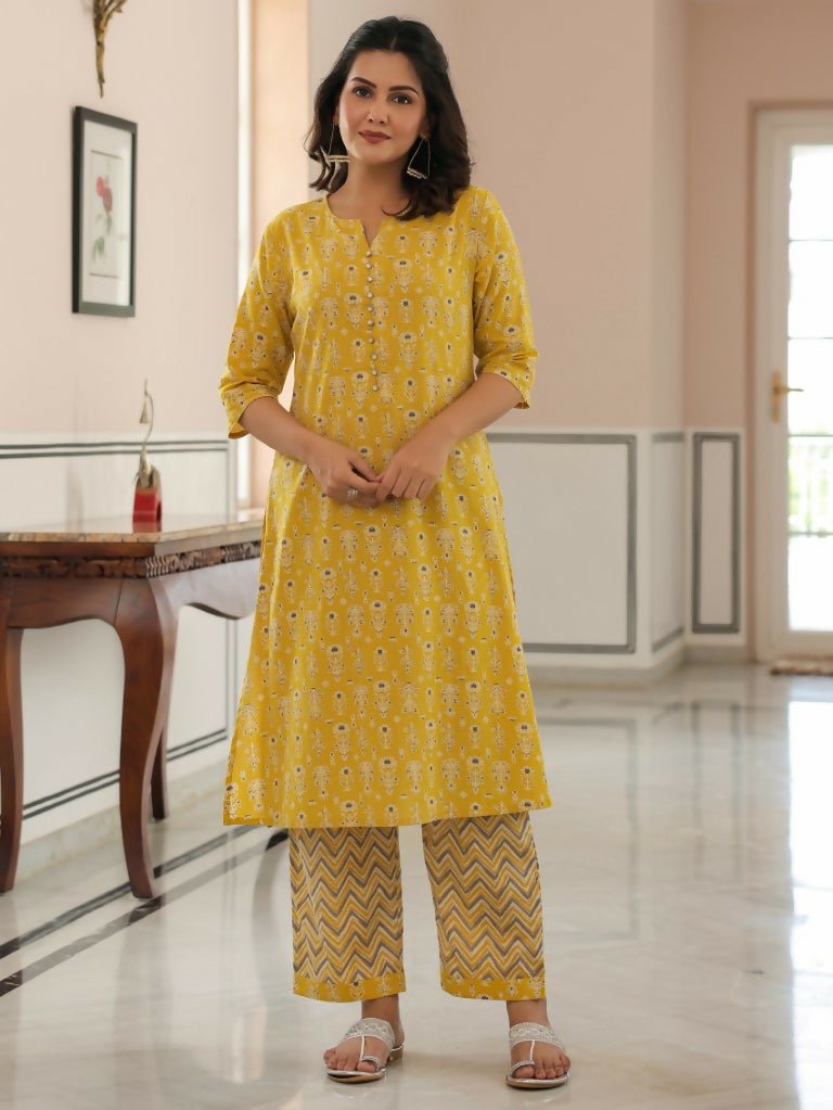Aramya A-line Soft Cotton Butti Print Women's Kurta Set - Yellow | Grocsy