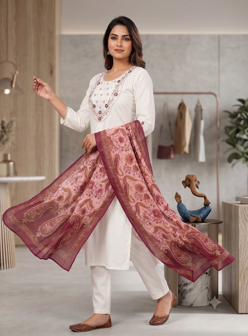Teeya Creation Women White Embroidered Kurta Pant Set With Dupatta | Grocsy