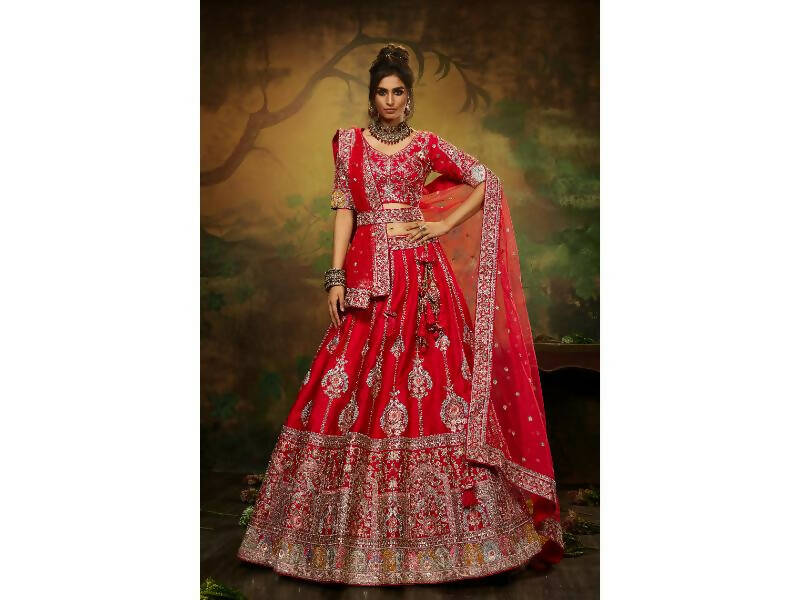 House of Panchhi Red Pure Silk Moti & Zarkan heavy embroidery Lehenga choli & Dupatta | Grocsy
