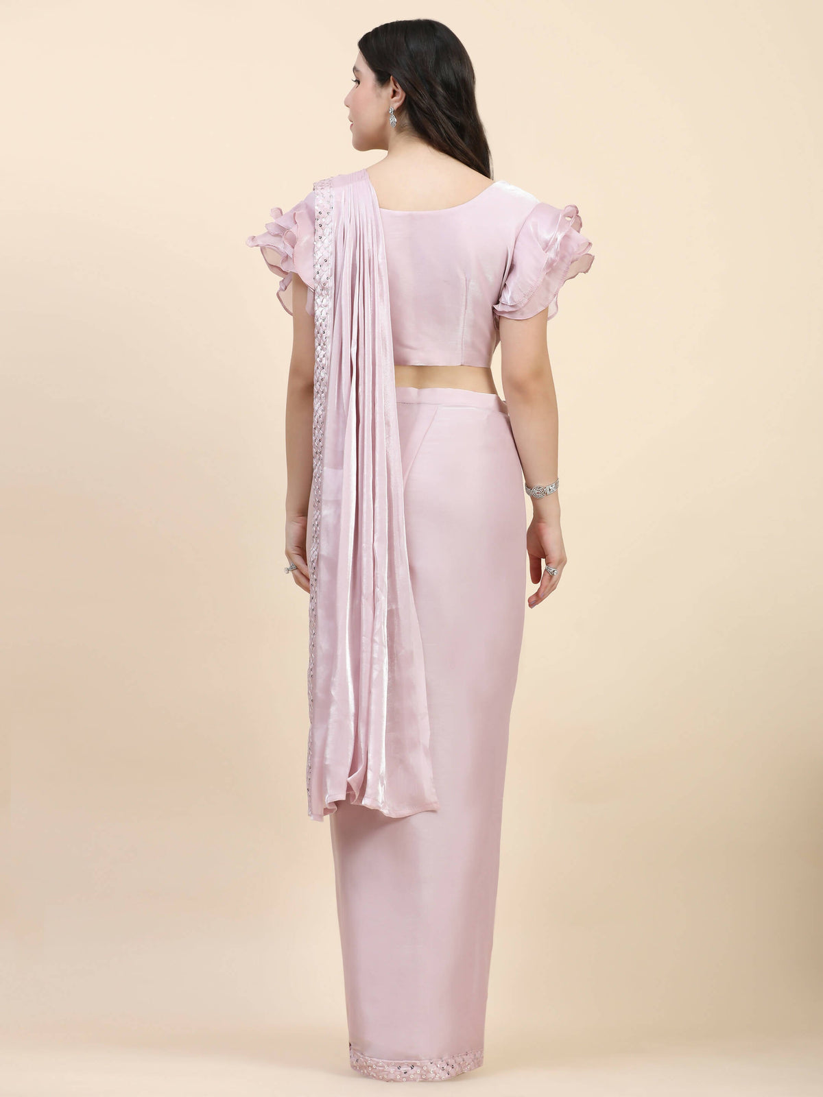 Light Pink Silk Satin Sequence Work Ready to Wear Saree with stitched Blouse - Nirvana | Grocsy