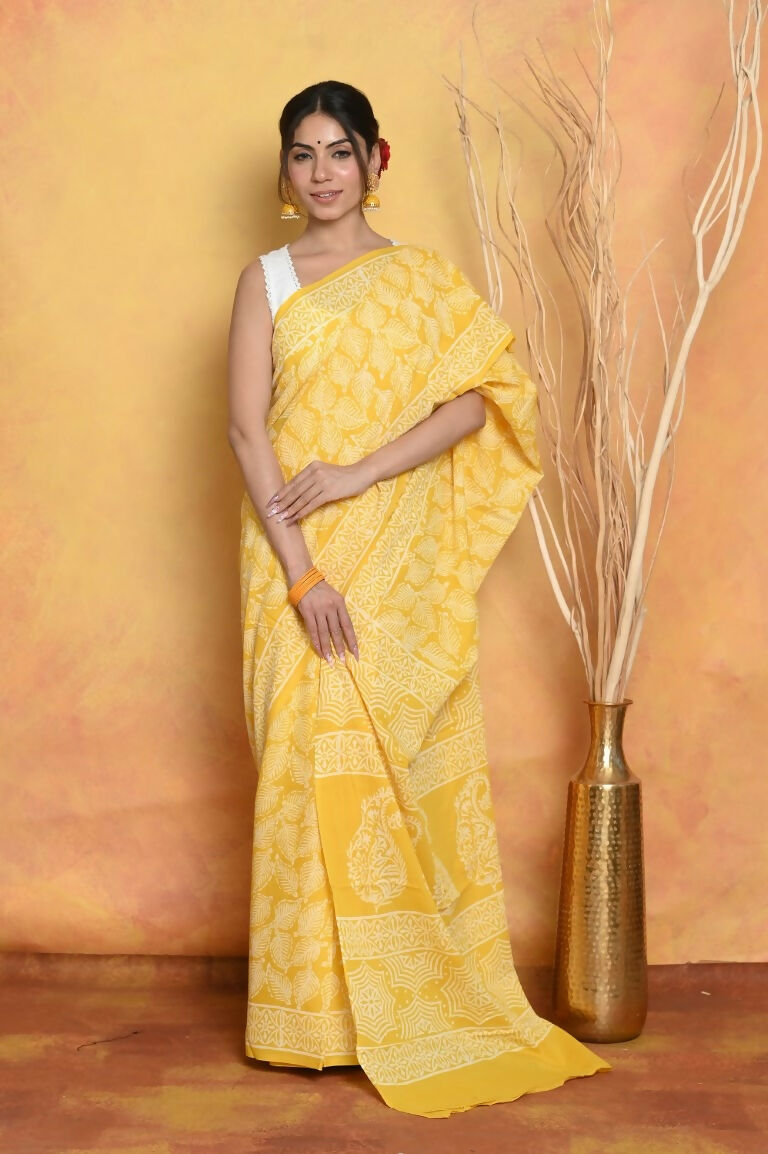 Very Much Indian Handblock Printed Cotton Saree With Natural Dyes - Yellow | Grocsy