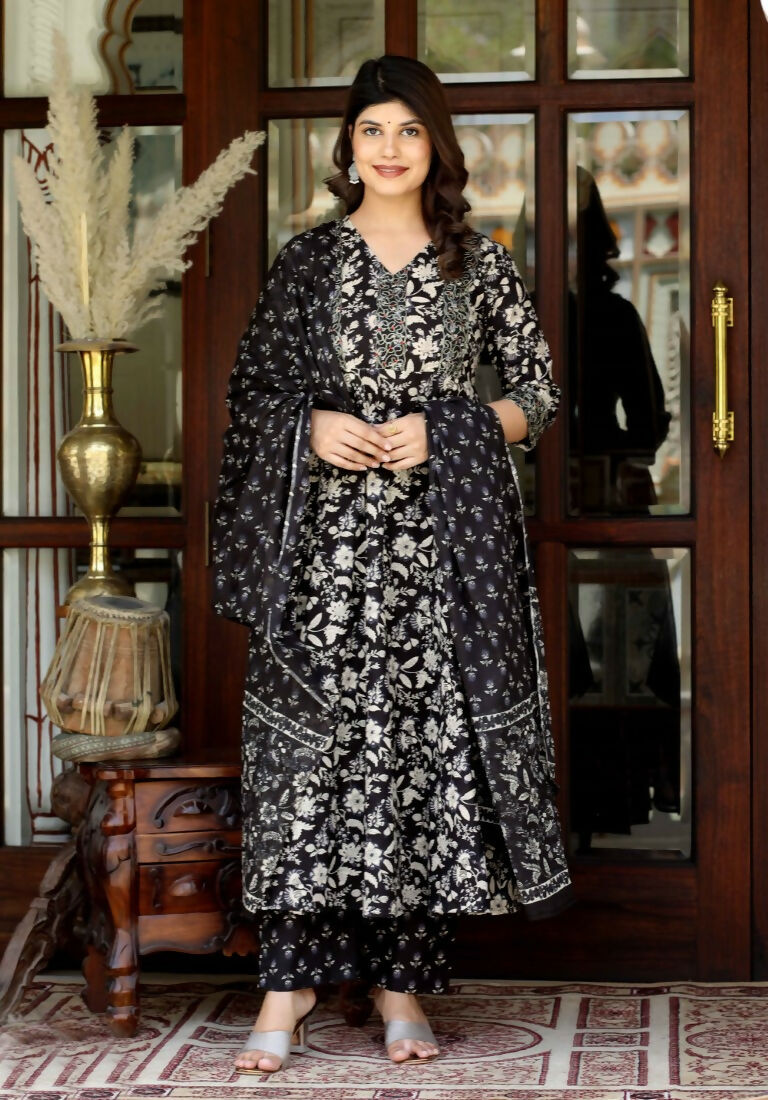 Miravan Women's Black Cotton Embroidered Attractive Anarkali Kurta And Palazzo With Dupatta Set | Grocsy