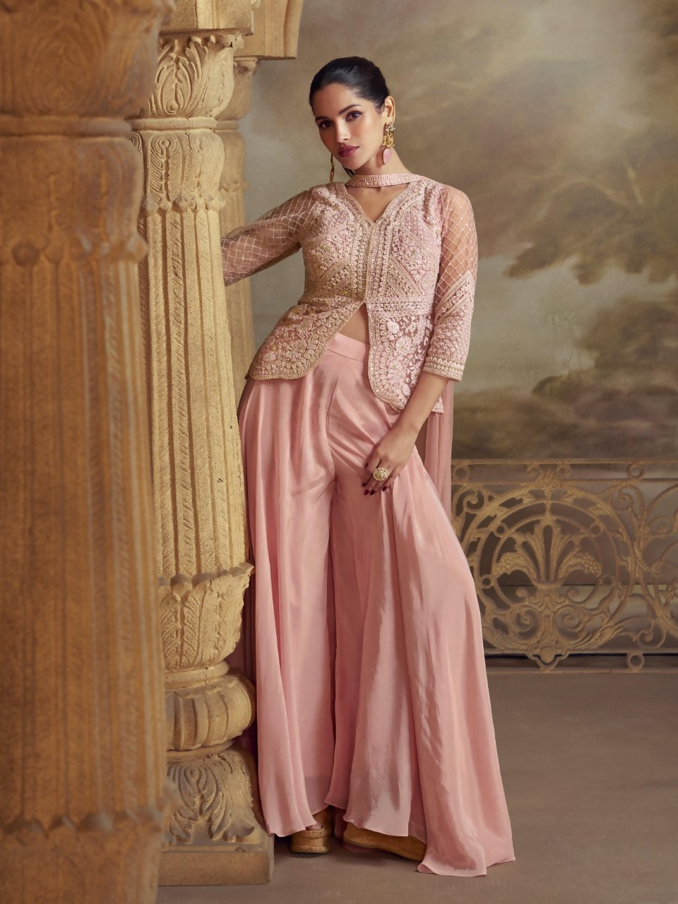 Anaita Baby Pink Georgette Readymade Suit with Embroidery Work | Grocsy