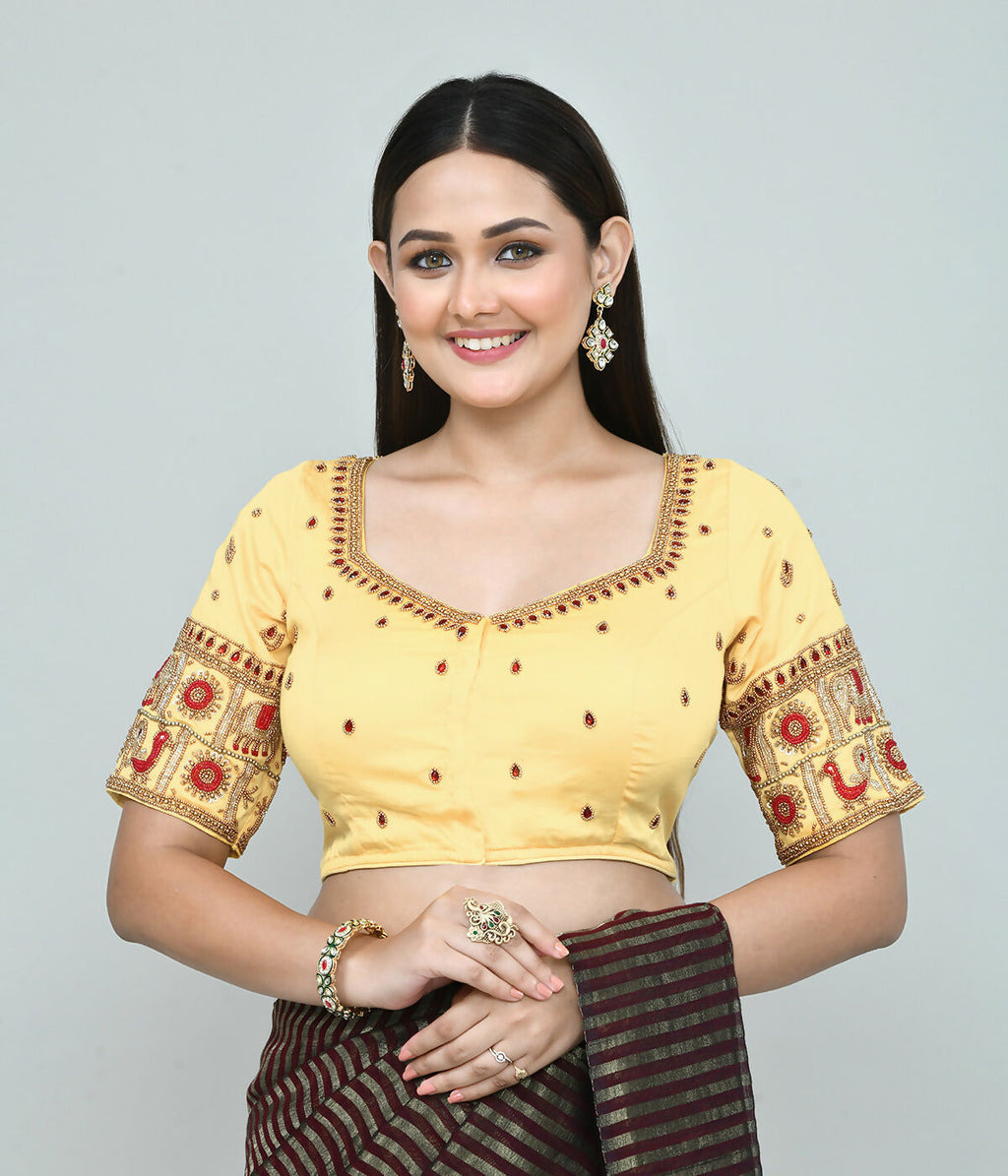 Joban Fashion Women's Light Yellow Embroidered Stitched Blouse | Grocsy