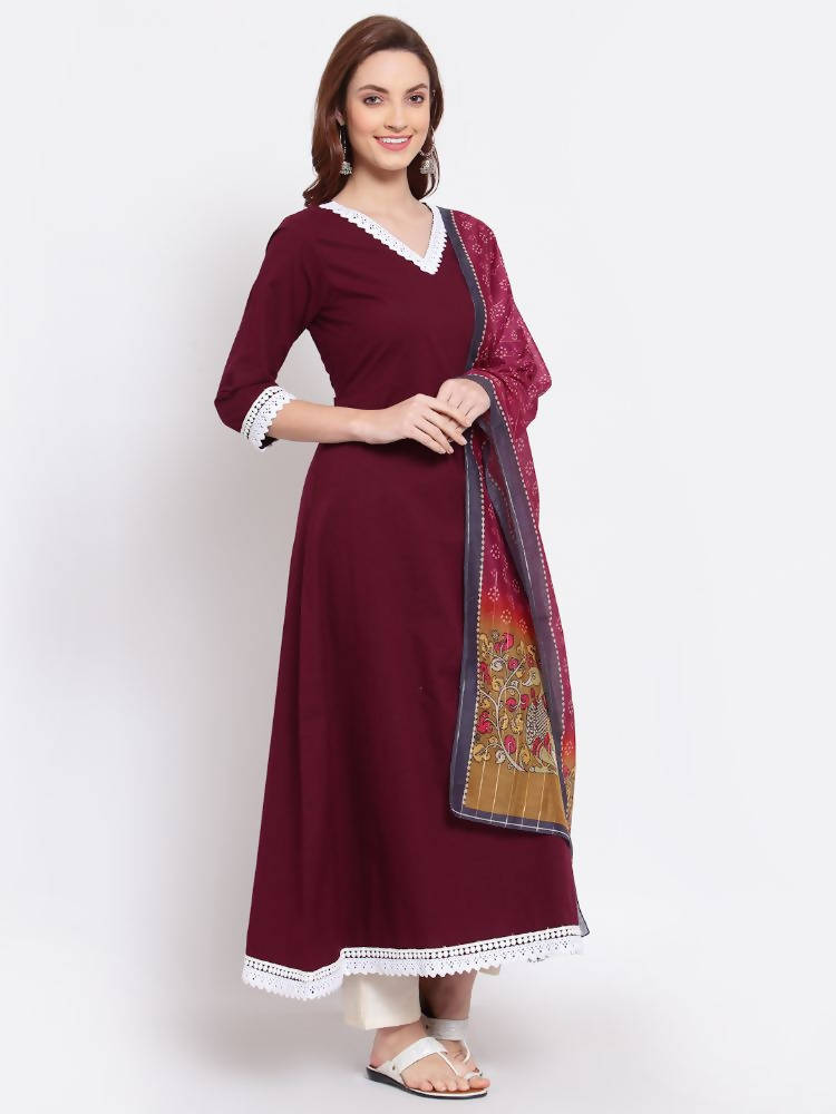 Myshka Women's Burgandy Printed Cotton Full Sleeve V Neck Casual Kurta Dupatta Set | Grocsy