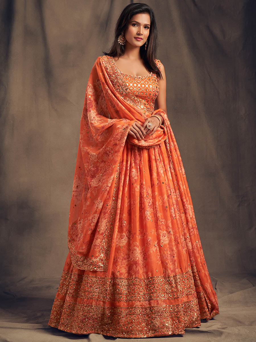 Myra Orange Organza Silk Embroidered Lehenga | Grocsy