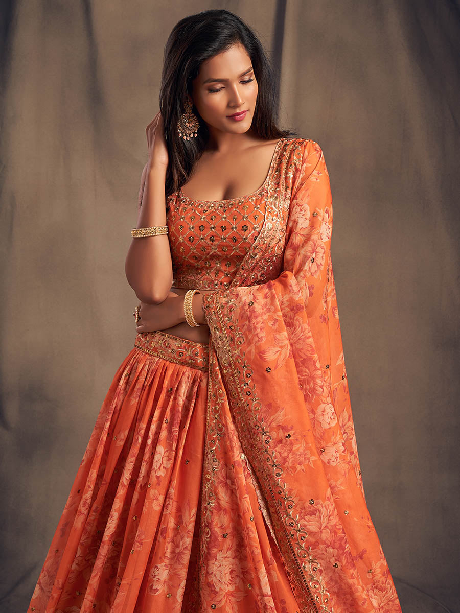 Myra Orange Organza Silk Embroidered Lehenga | Grocsy