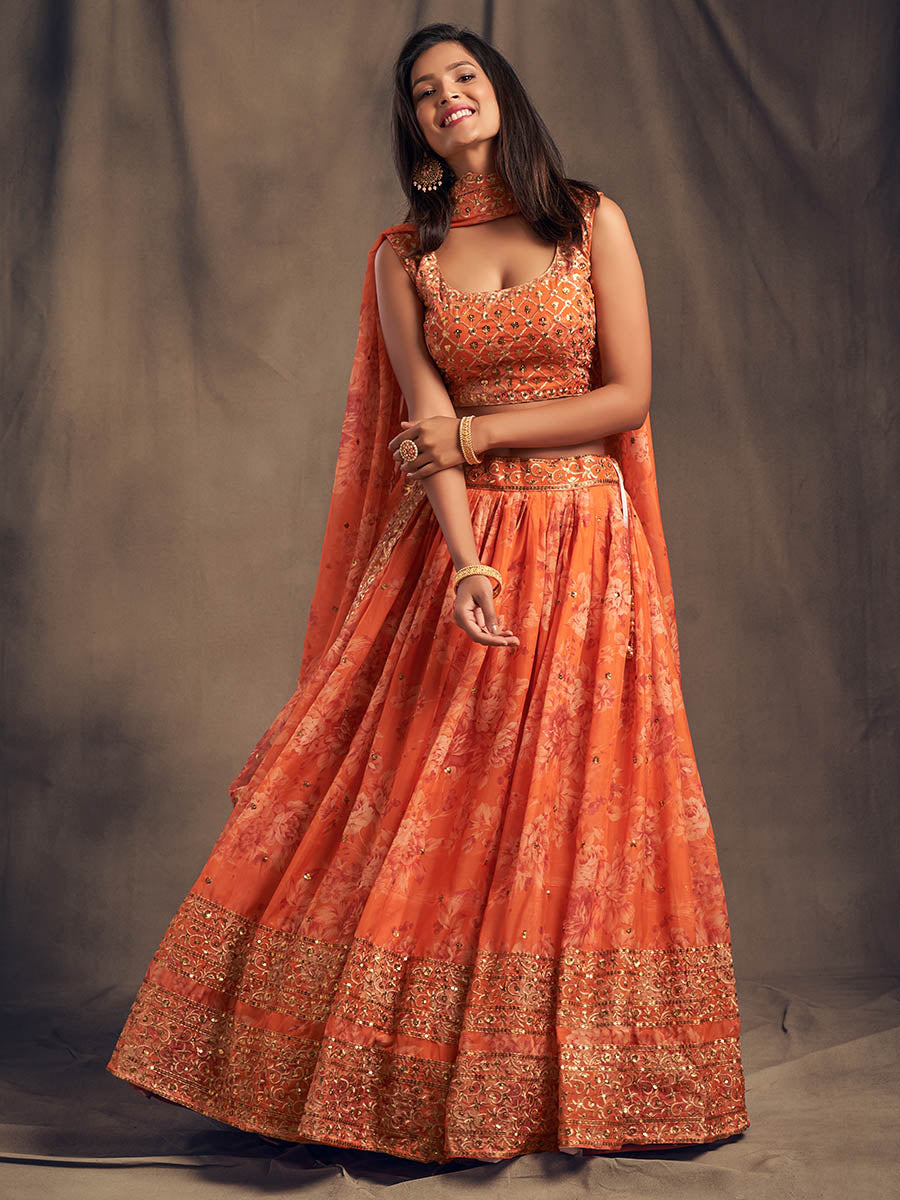 Myra Orange Organza Silk Embroidered Lehenga | Grocsy
