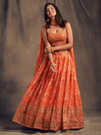 Myra Orange Organza Silk Embroidered Lehenga | Grocsy