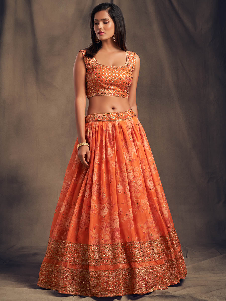 Myra Orange Organza Silk Embroidered Lehenga | Grocsy