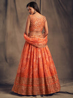 Myra Orange Organza Silk Embroidered Lehenga | Grocsy