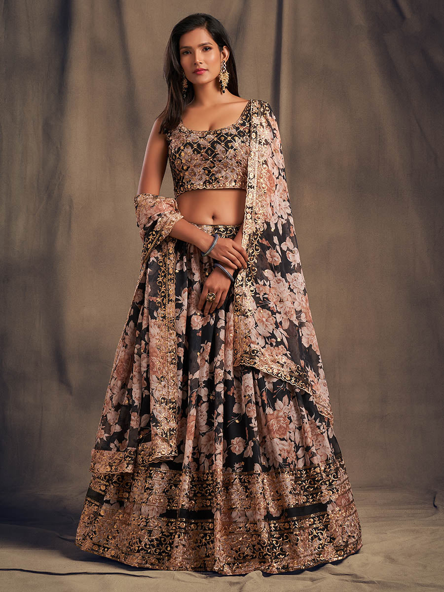 Myra Black Organza Silk Embroidered Lehenga | Grocsy