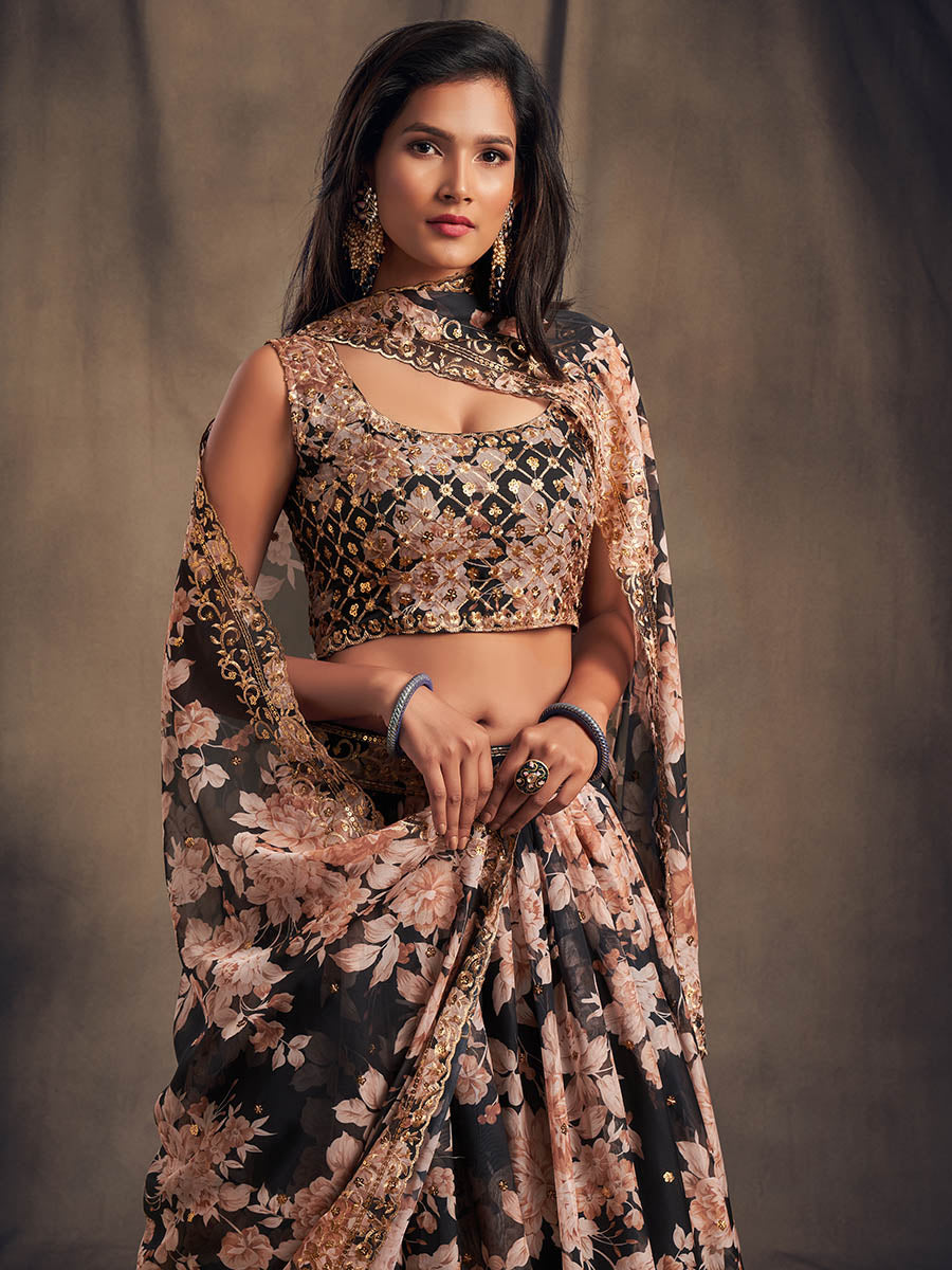 Myra Black Organza Silk Embroidered Lehenga | Grocsy