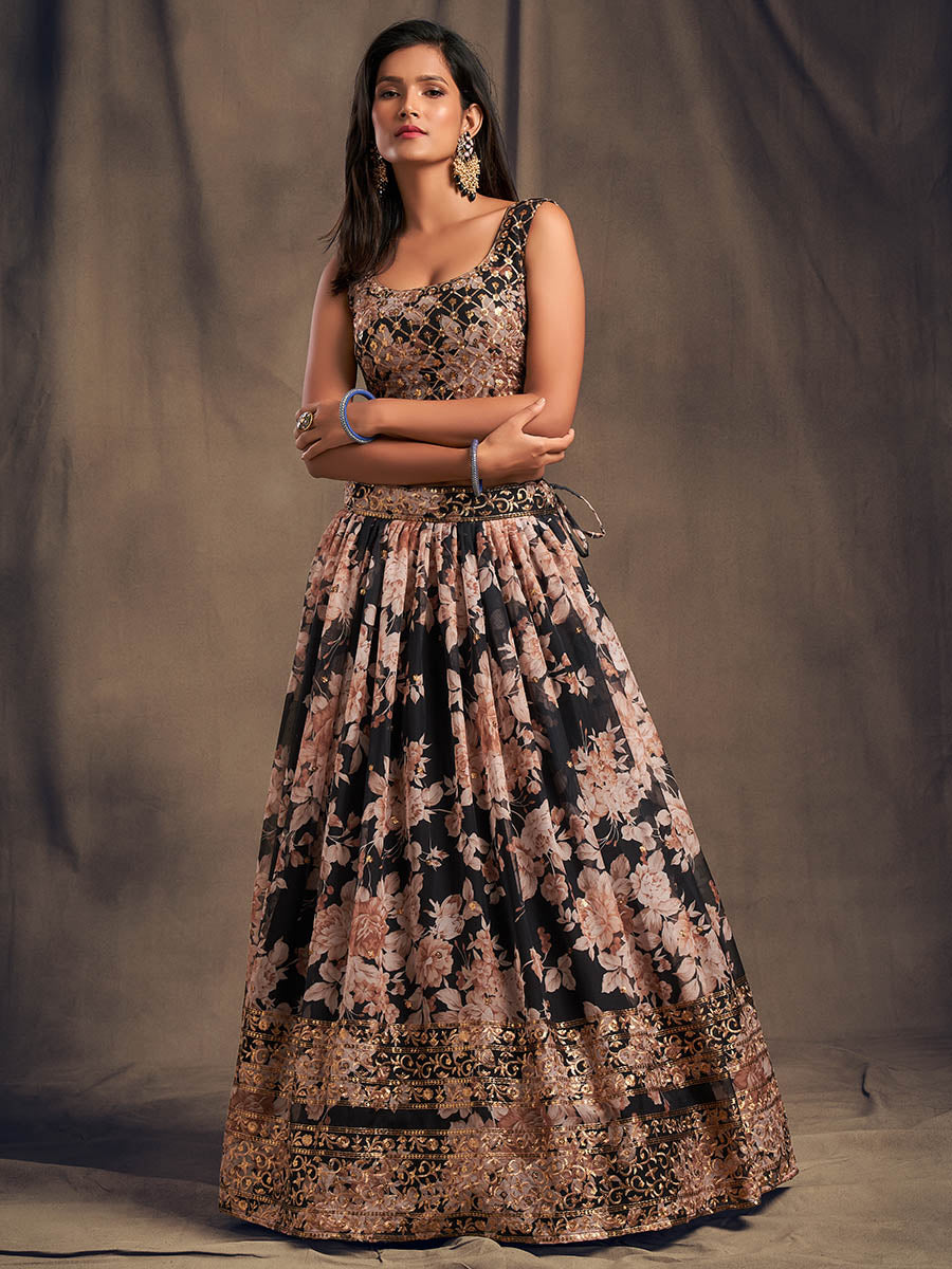 Myra Black Organza Silk Embroidered Lehenga | Grocsy