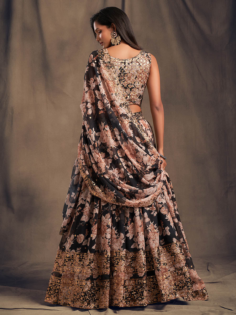 Myra Black Organza Silk Embroidered Lehenga | Grocsy