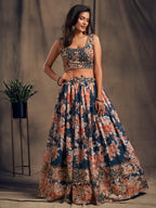 Myra Dove Blue Organza Silk Embroidered Lehenga | Grocsy