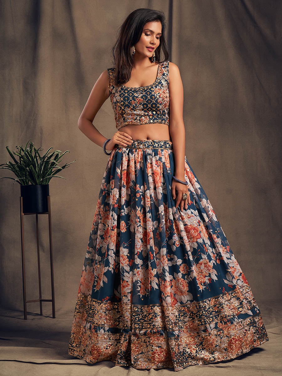 Myra Dove Blue Organza Silk Embroidered Lehenga | Grocsy