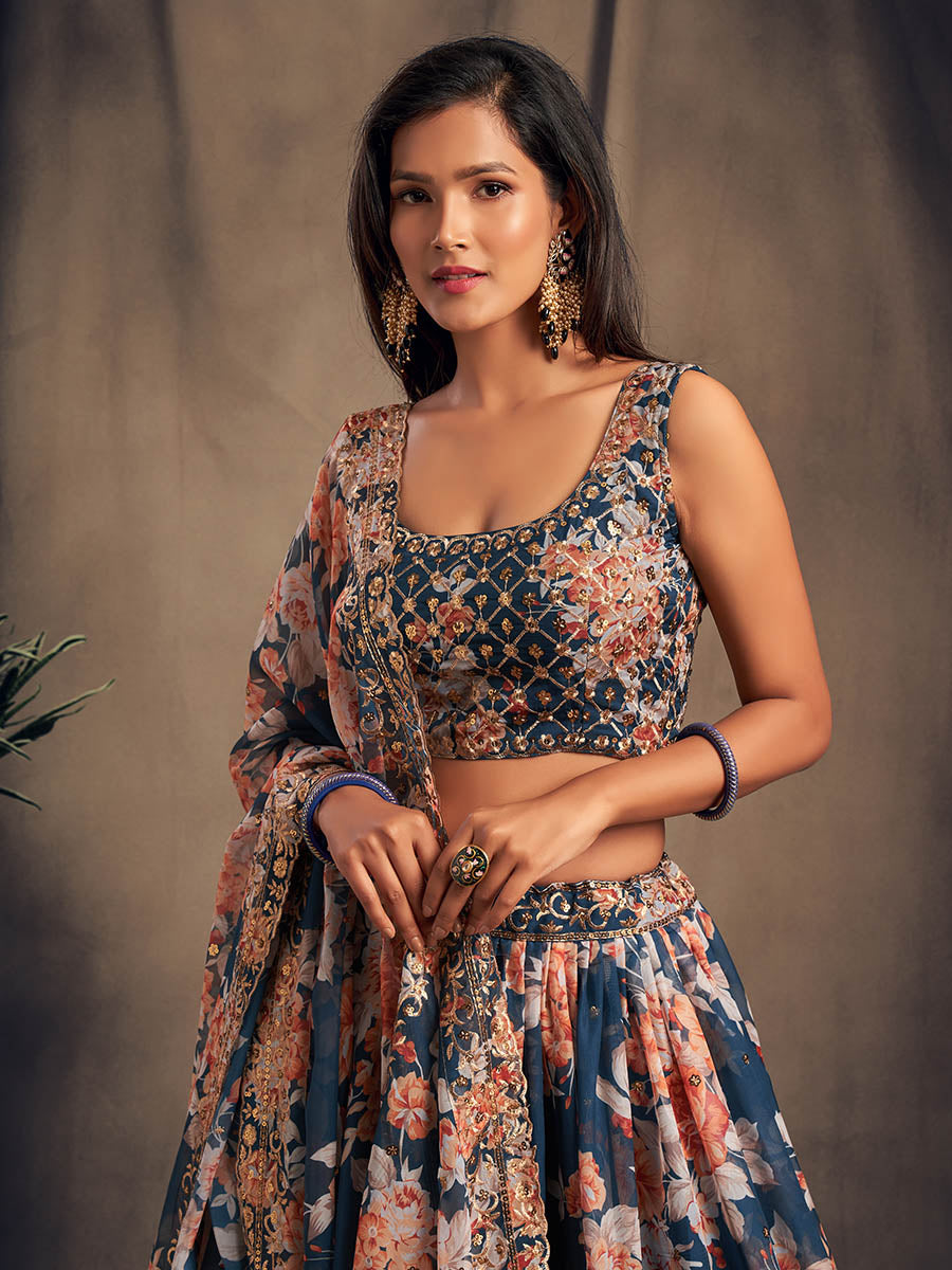Myra Dove Blue Organza Silk Embroidered Lehenga | Grocsy