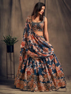 Myra Dove Blue Organza Silk Embroidered Lehenga | Grocsy