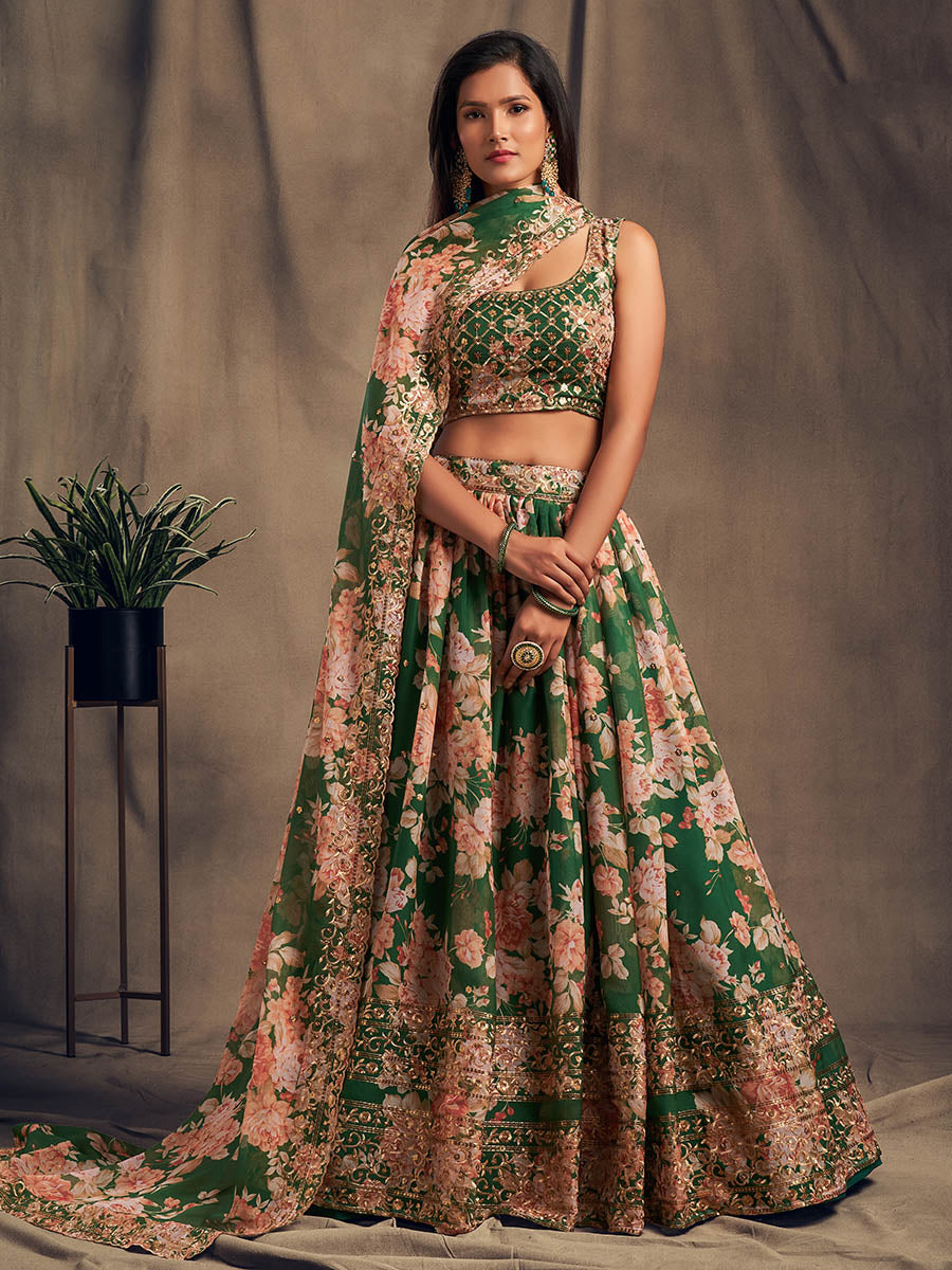 Myra Green Organza Silk Embroidered Lehenga | Grocsy