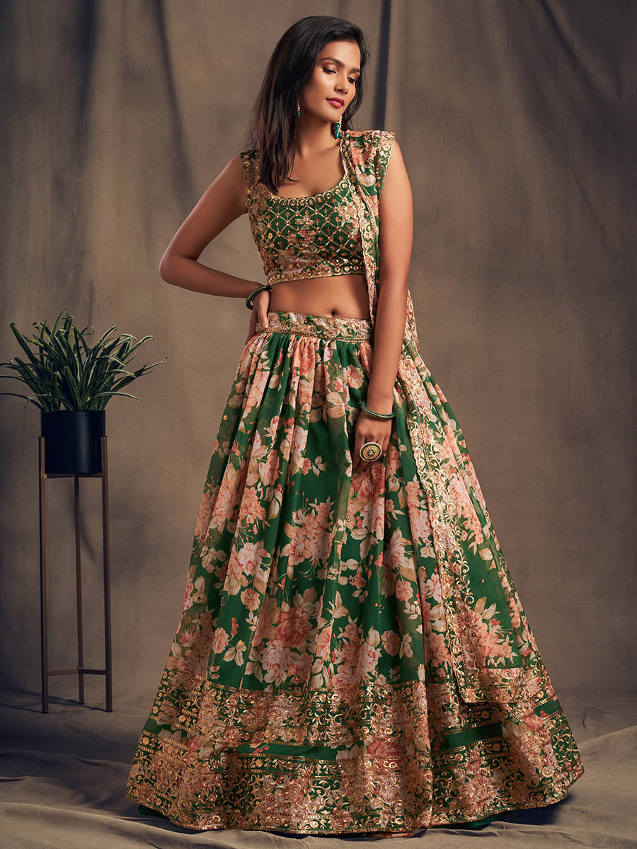 Myra Green Organza Silk Embroidered Lehenga | Grocsy