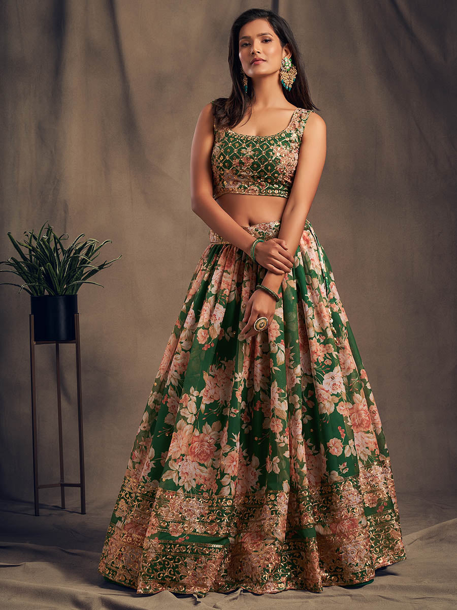 Myra Green Organza Silk Embroidered Lehenga | Grocsy