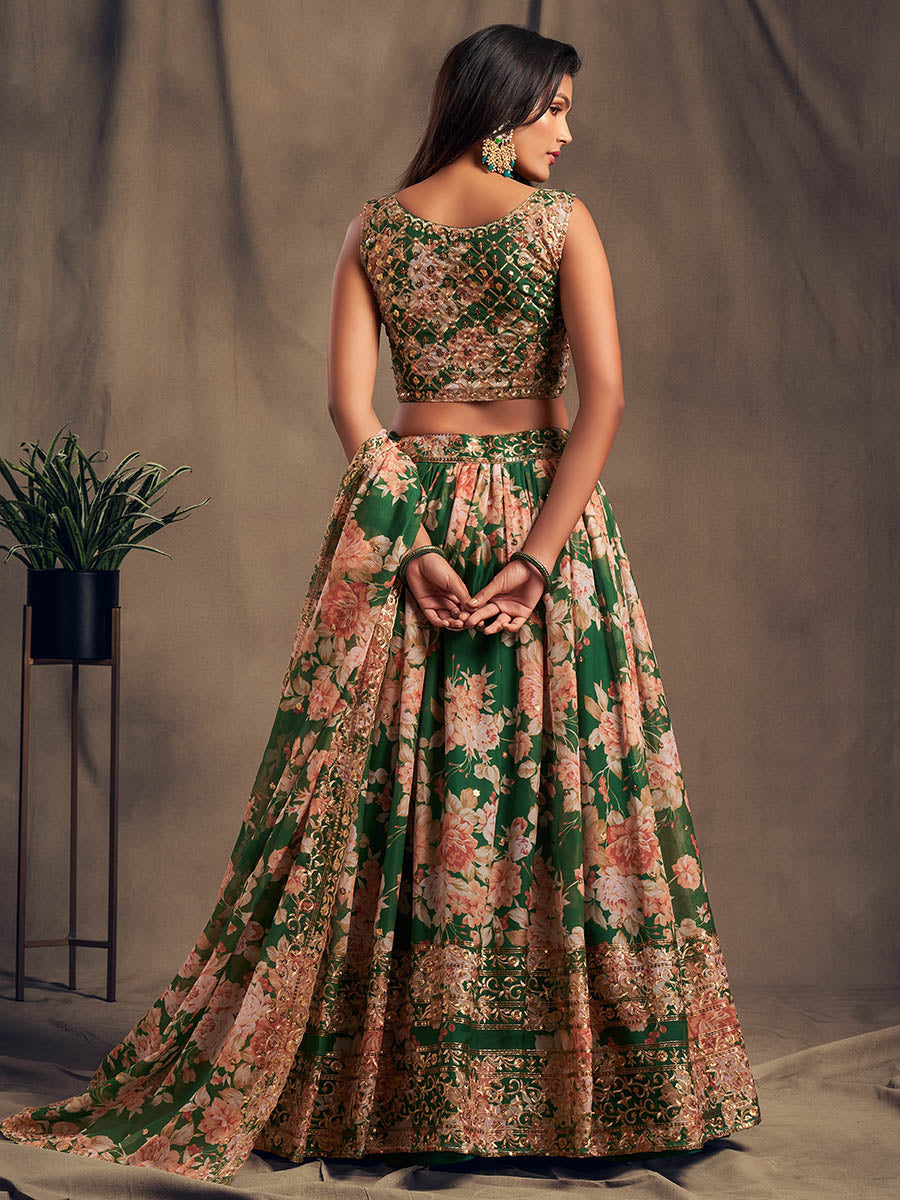 Myra Green Organza Silk Embroidered Lehenga | Grocsy