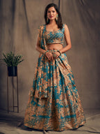 Myra Teal Blue Organza Silk Embroidered Lehenga | Grocsy