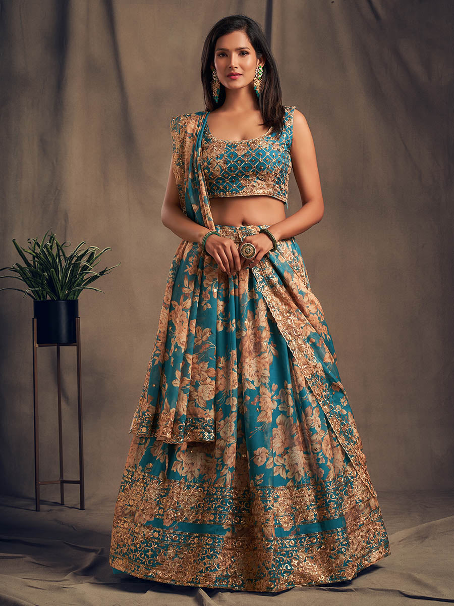 Myra Teal Blue Organza Silk Embroidered Lehenga | Grocsy