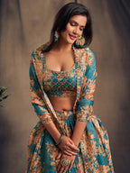 Myra Teal Blue Organza Silk Embroidered Lehenga | Grocsy