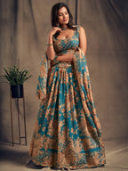 Myra Teal Blue Organza Silk Embroidered Lehenga | Grocsy