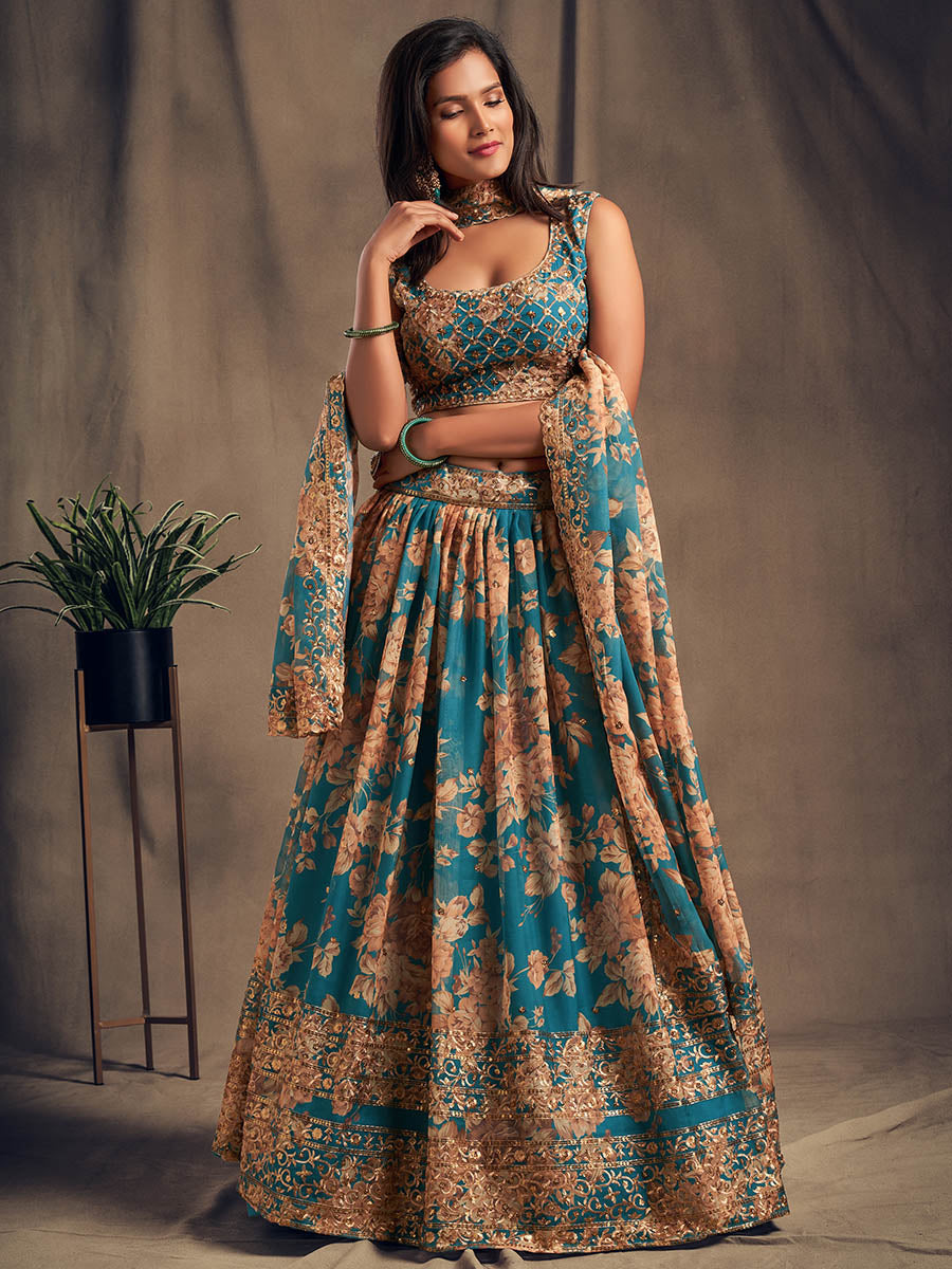 Myra Teal Blue Organza Silk Embroidered Lehenga | Grocsy