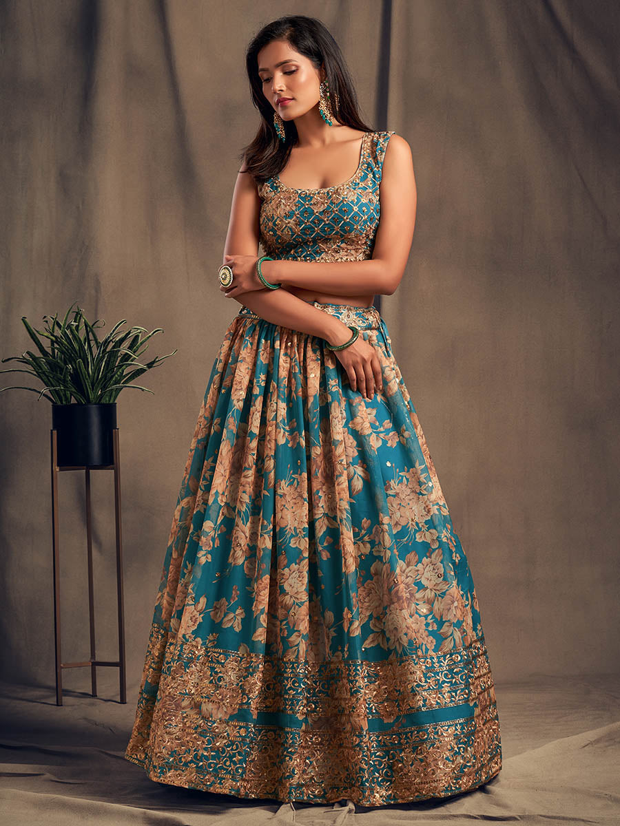 Myra Teal Blue Organza Silk Embroidered Lehenga | Grocsy