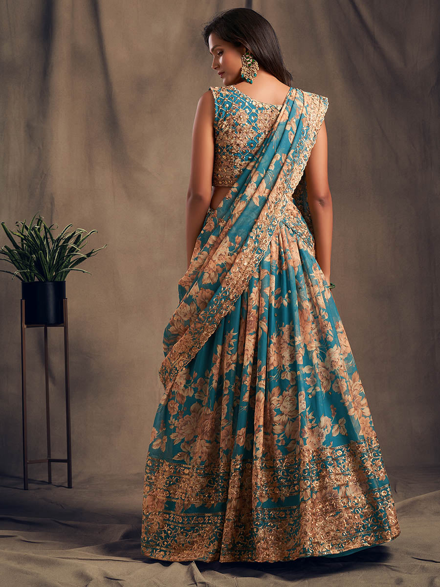 Myra Teal Blue Organza Silk Embroidered Lehenga | Grocsy