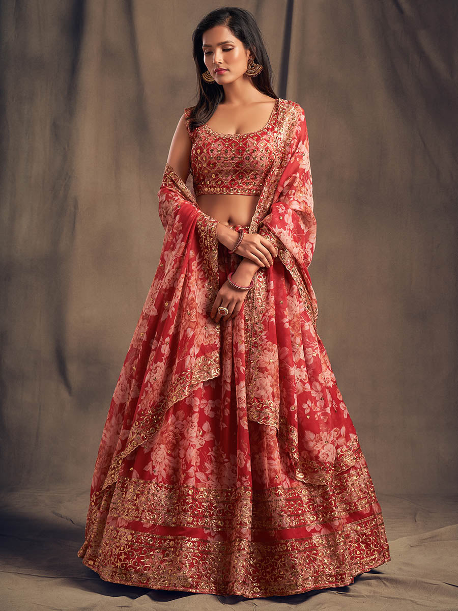 Myra Red Organza Silk Embroidered Lehenga | Grocsy