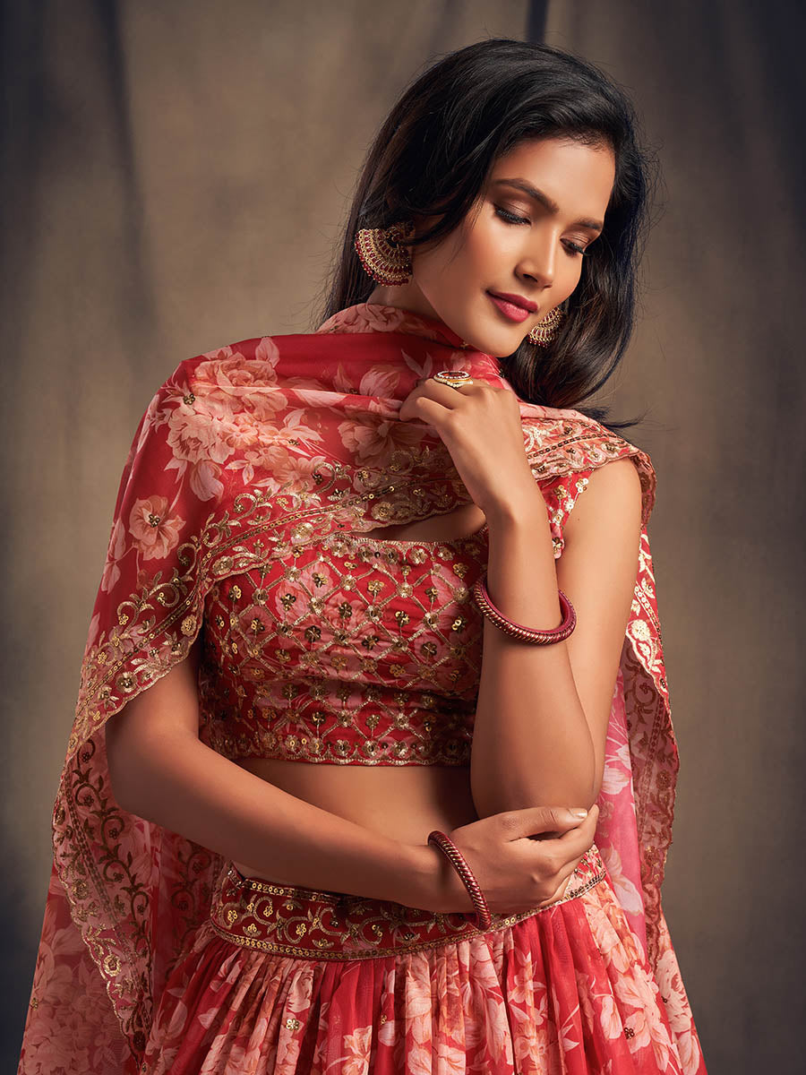 Myra Red Organza Silk Embroidered Lehenga | Grocsy