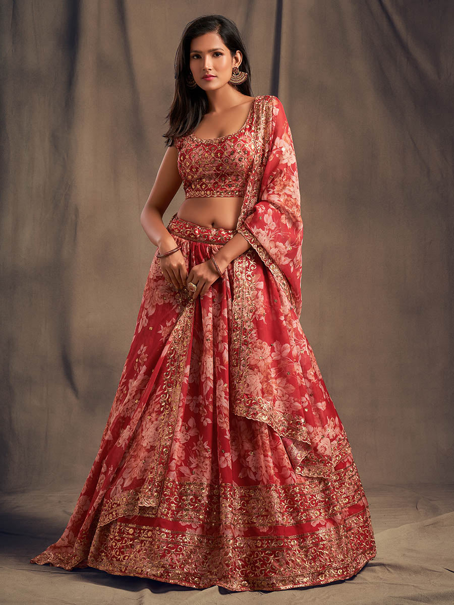 Myra Red Organza Silk Embroidered Lehenga | Grocsy