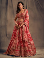 Myra Red Organza Silk Embroidered Lehenga | Grocsy