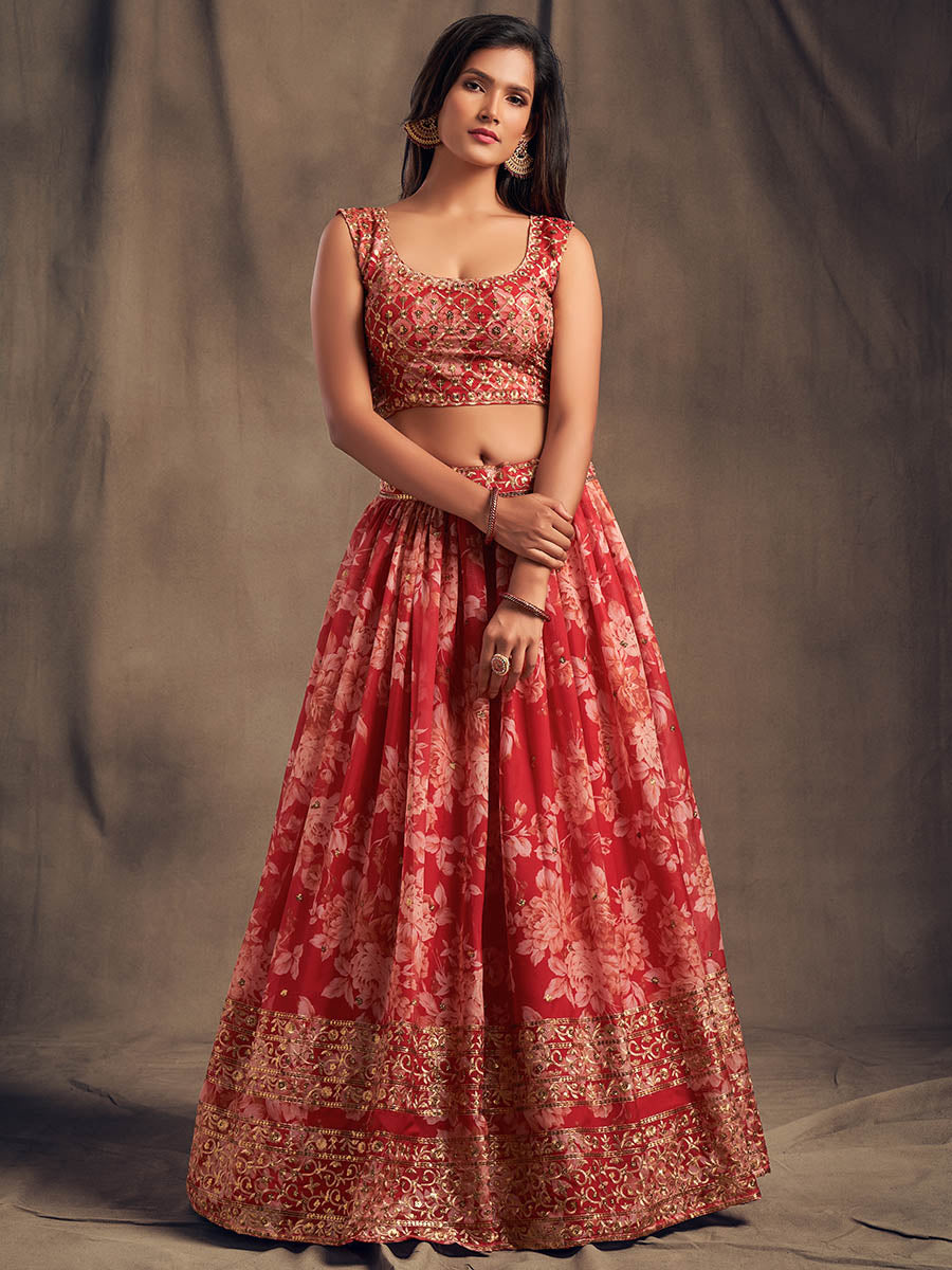 Myra Red Organza Silk Embroidered Lehenga | Grocsy