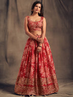 Myra Red Organza Silk Embroidered Lehenga | Grocsy
