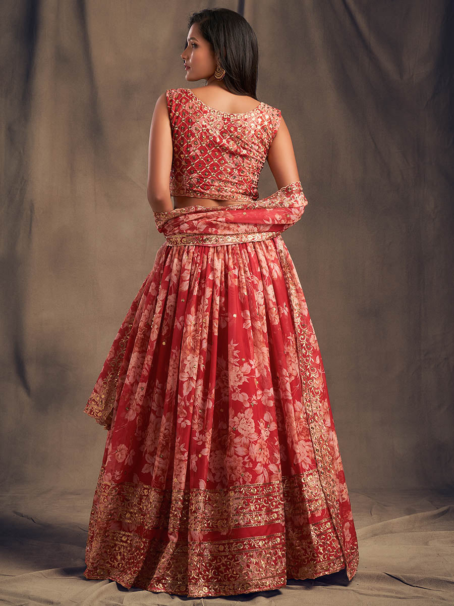 Myra Red Organza Silk Embroidered Lehenga | Grocsy