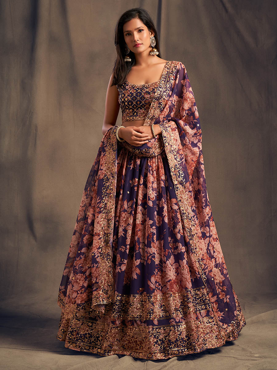 Myra Purple Organza Silk Embroidered Lehenga | Grocsy