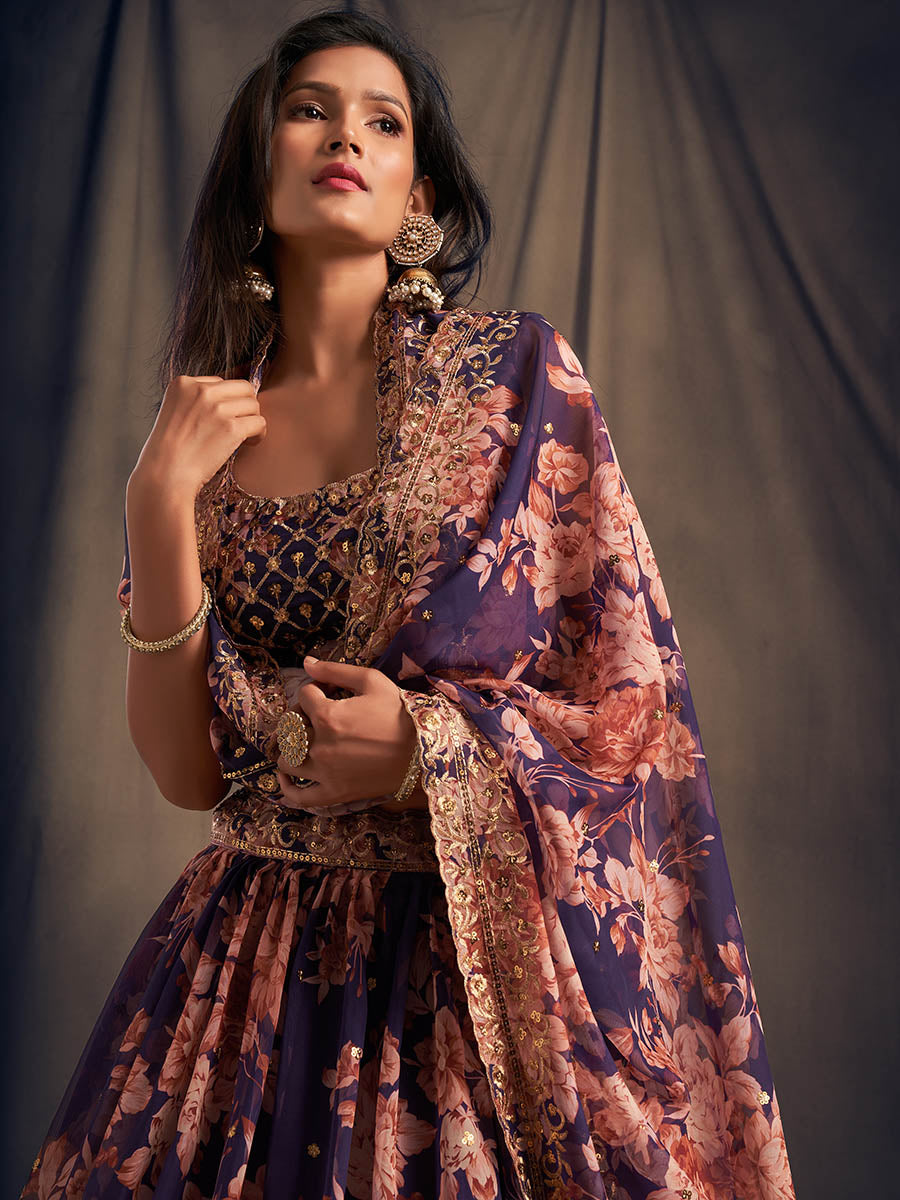 Myra Purple Organza Silk Embroidered Lehenga | Grocsy