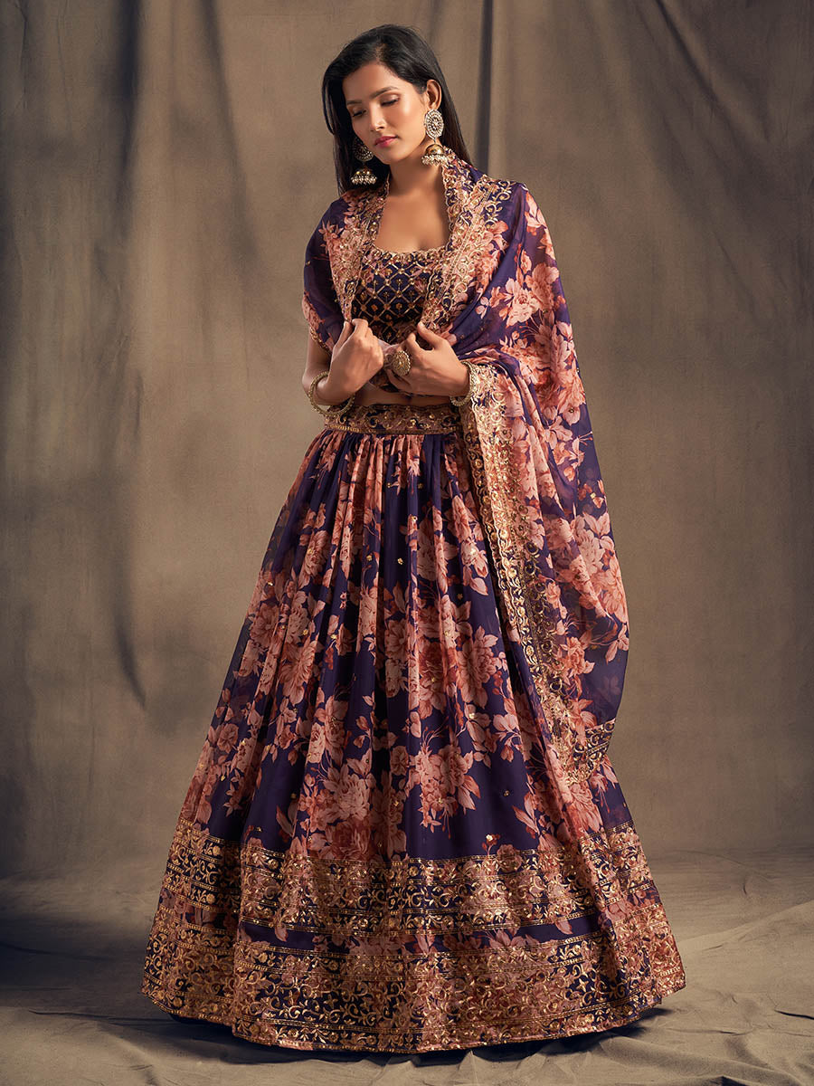 Myra Purple Organza Silk Embroidered Lehenga | Grocsy